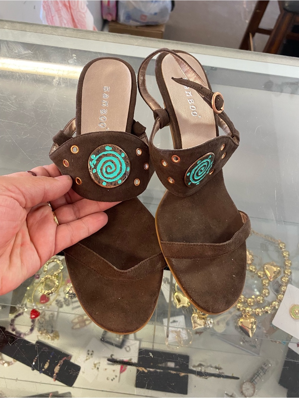 BAMBOO Brown Suede Slingback Sandals with Turquoise Spiral Accent